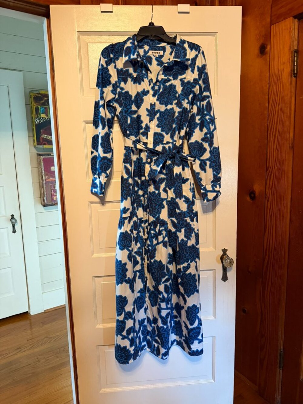 Boden Blue and White Floral Maxi Dress with Sash